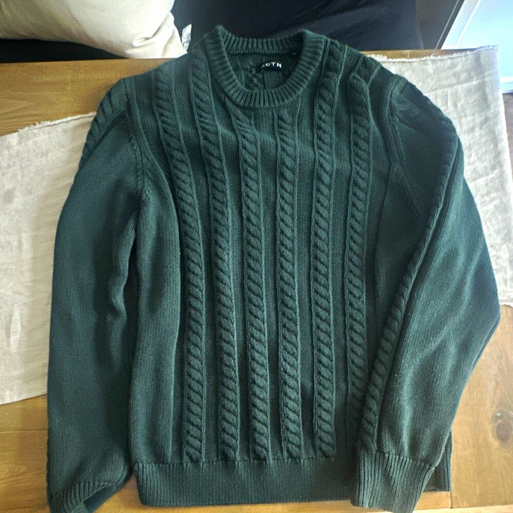 KOTN Men's Cable Knit Crewneck Pullover Sweater Green Size M 100% Cotton